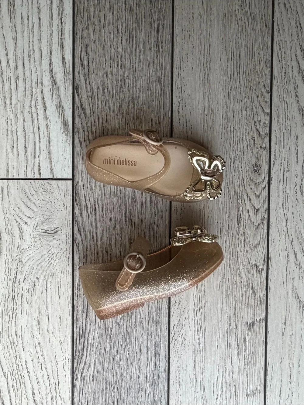 Mini Melissa Metallic Gold Glitter Butterfly Mary Jane Shoes size 6